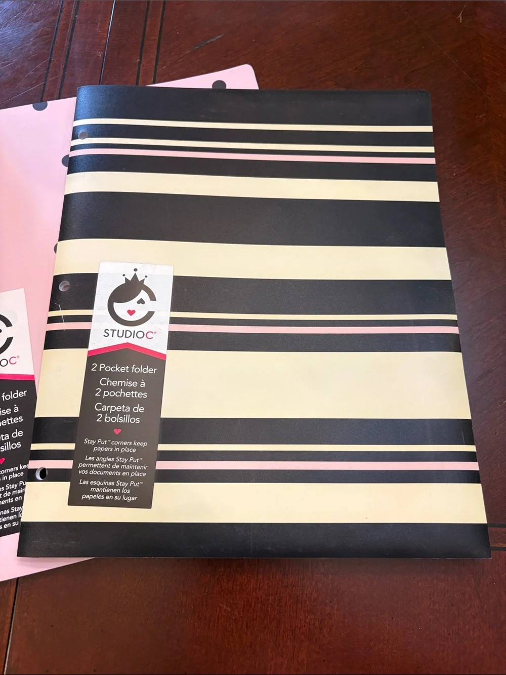 Studio C Pink & Black Floral and Stripe 2-Pocket Poly Folders - Set of 3